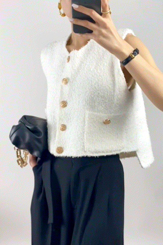 White Pocket Detail Gold Button Cropped Knitted Vest