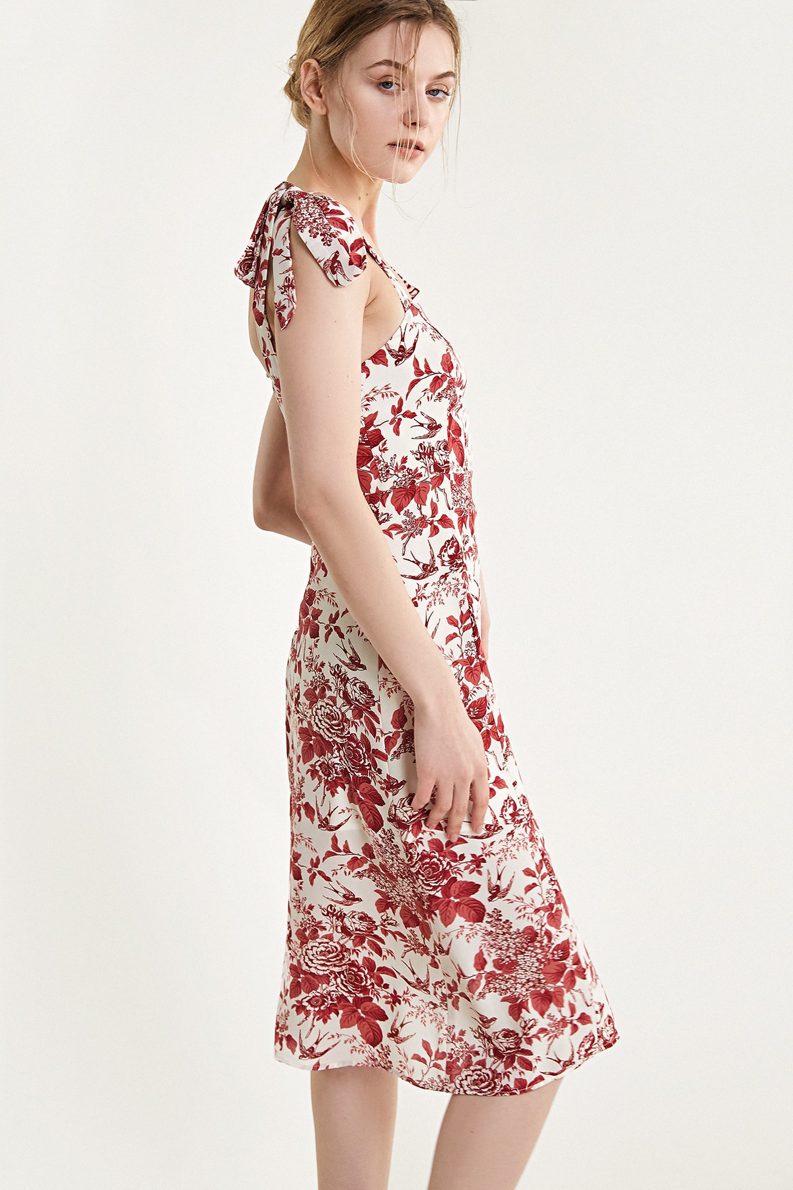Beige Floral Print Tie Strap Slit Hem Midi Dress
