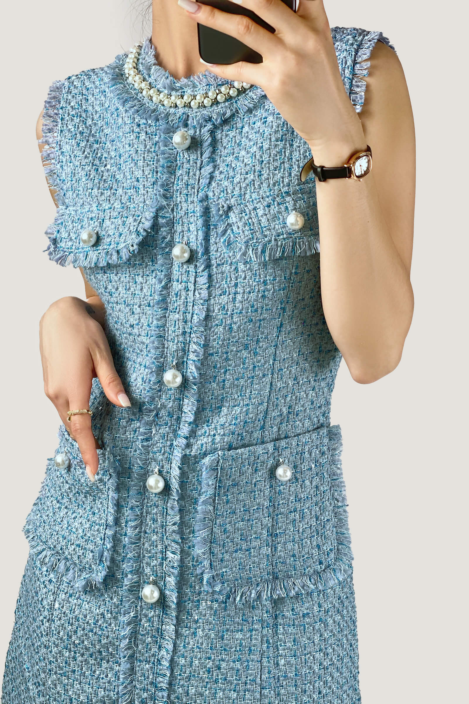 Plaid Raw Trim Tweed Sleeveless Mini Dress