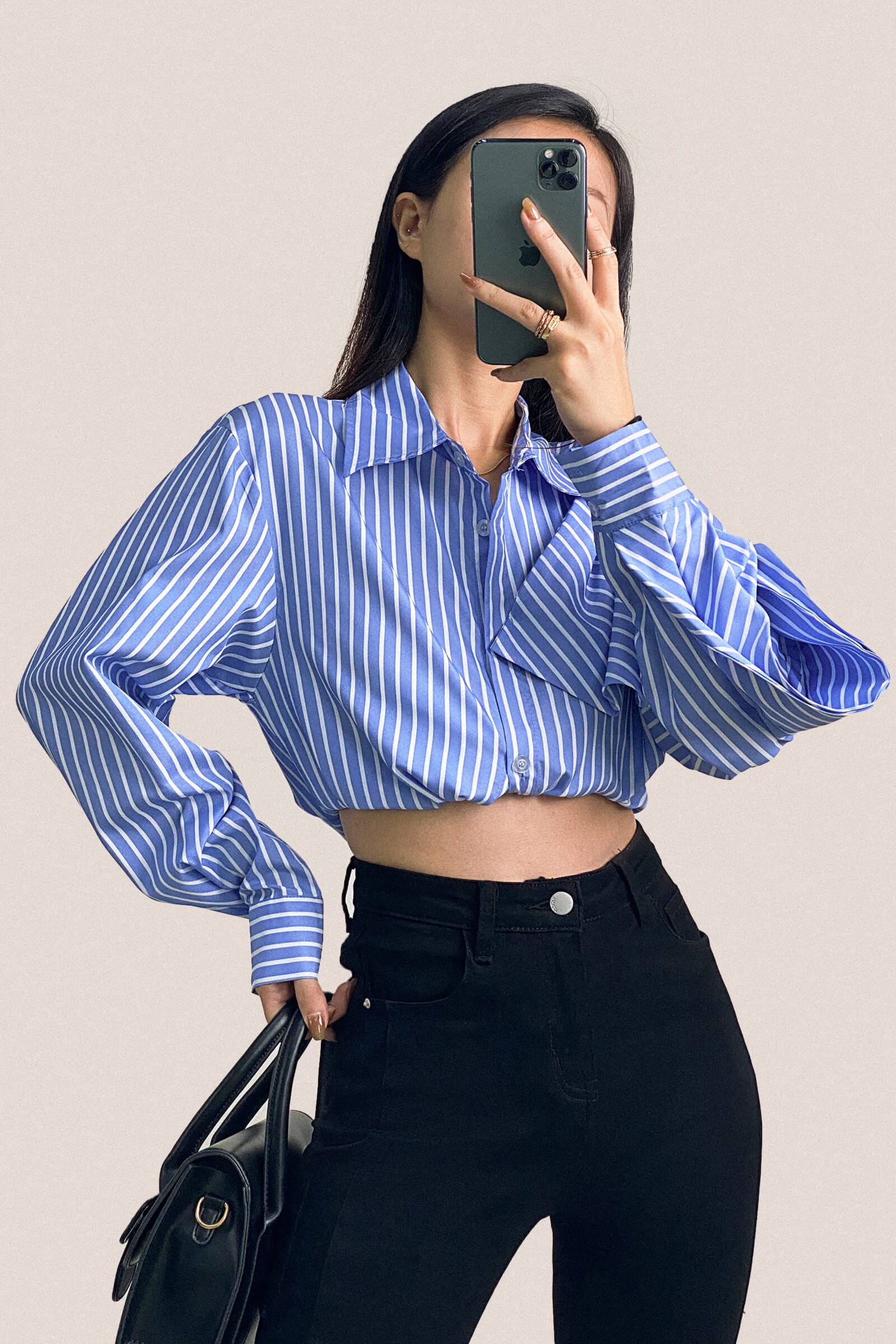 Cornflower Blue Striped Bow Detail Long Sleeve Button-Up Shirt