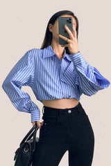 Cornflower Blue Striped Bow Detail Long Sleeve Button-Up Shirt