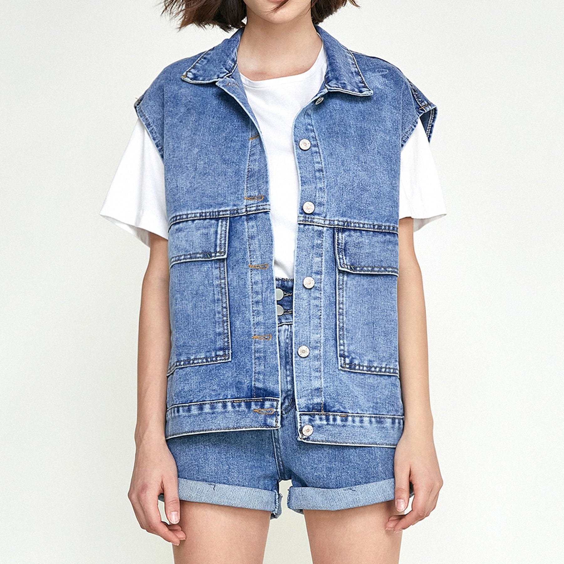 Steel Blue Collared Flap Pocket Button Front Denim Vest