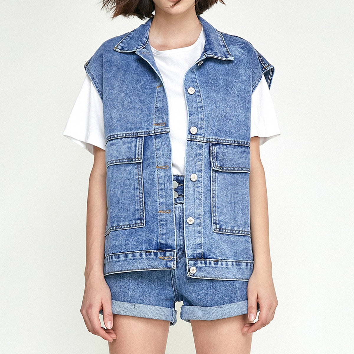 Steel Blue Collared Flap Pocket Button Front Denim Vest