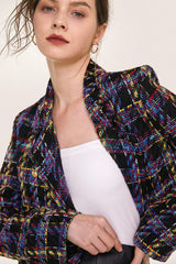 Multicolor Plaid Double-Breasted Cropped Tweed Blazer