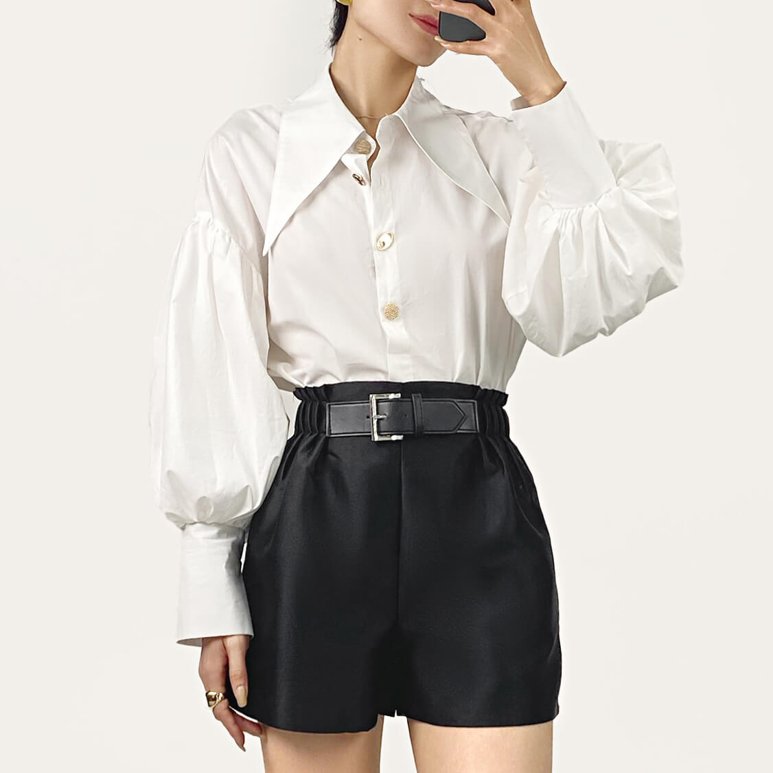 White Pointed Collar Button Detail Lantern Sleeve Shirt