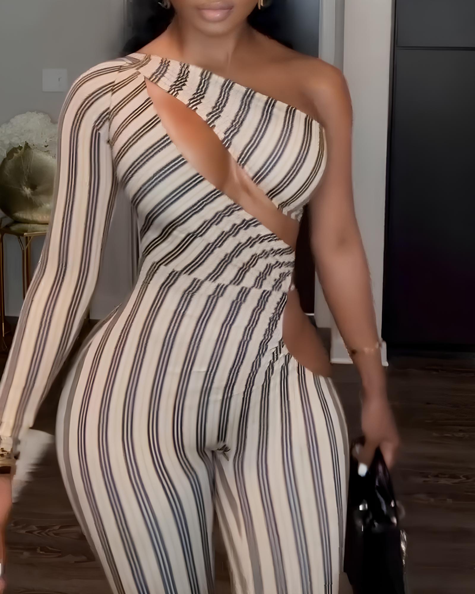Striped Colorblock One-shoulder Cutout Long-sleeved Stretch Jumpsuit