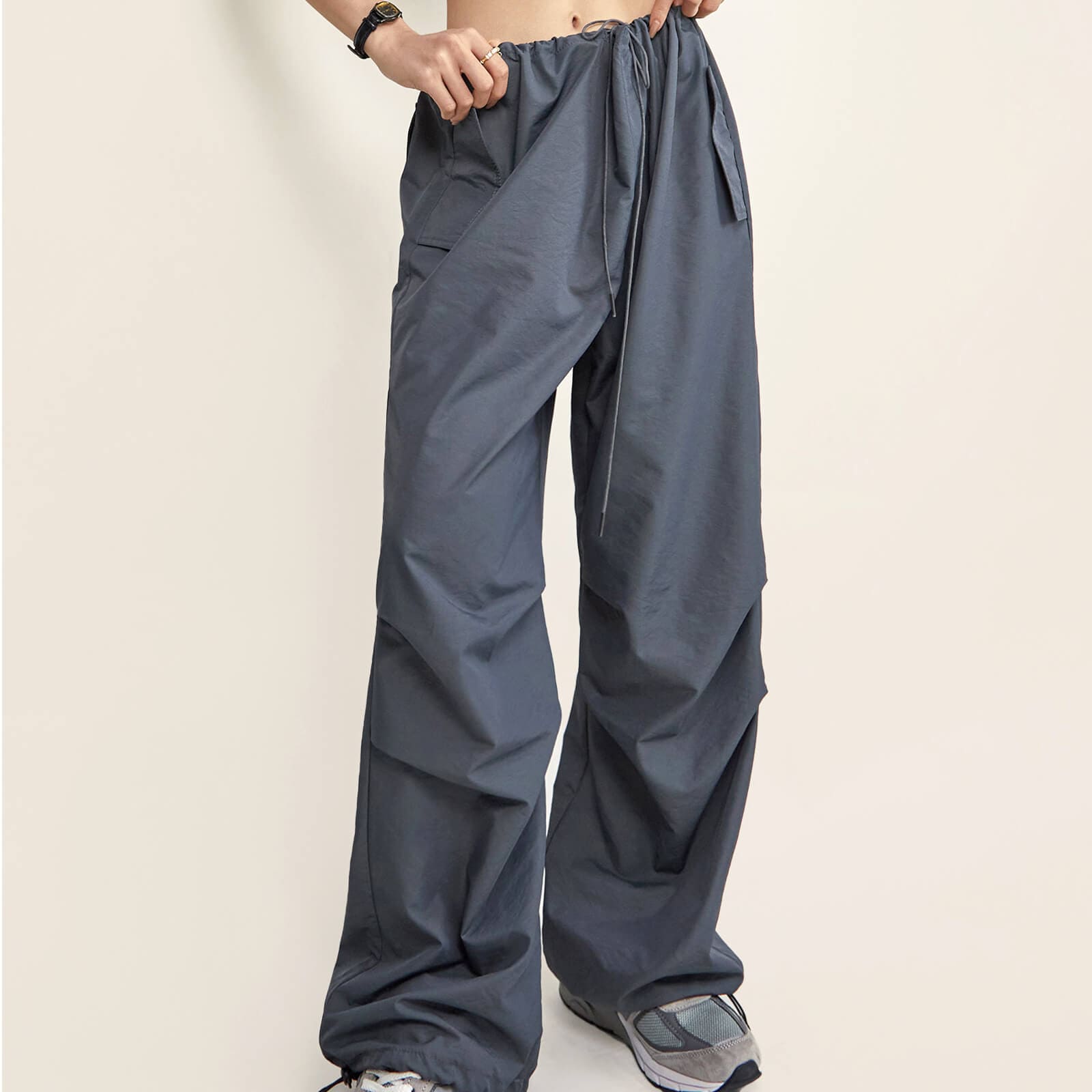 Grey Mid Rise Drawstring Cargo Pants