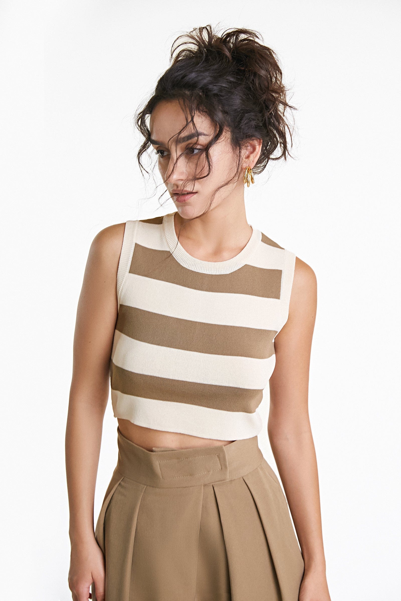 Ivory Striped Crew Neck Rib-Knit Vest