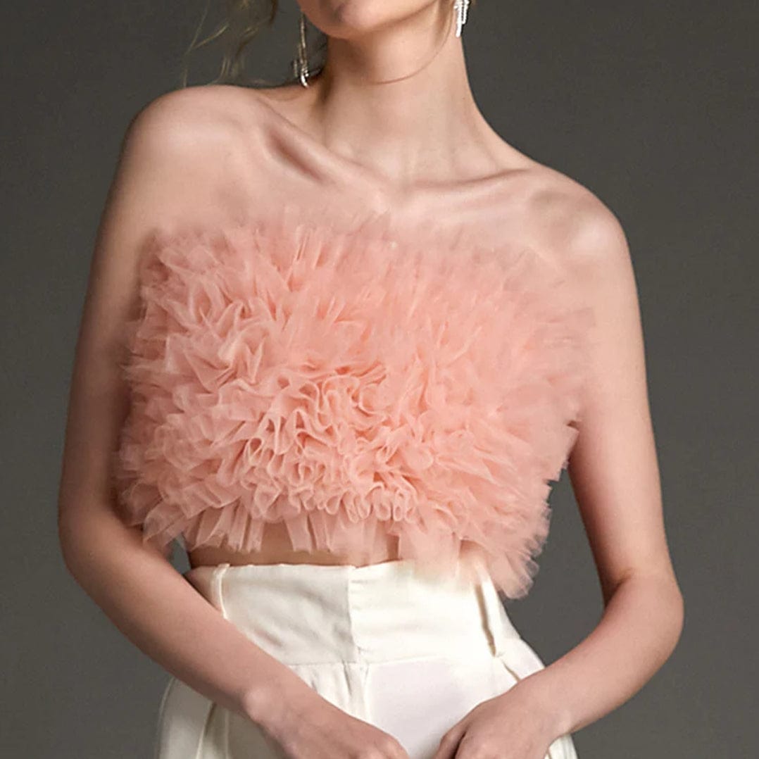 Pink Ruffled Tulle Knit Crop Top