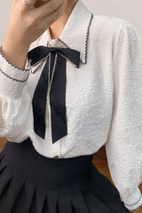 White Textured Bow Neck Balloon Sleeve Shirt