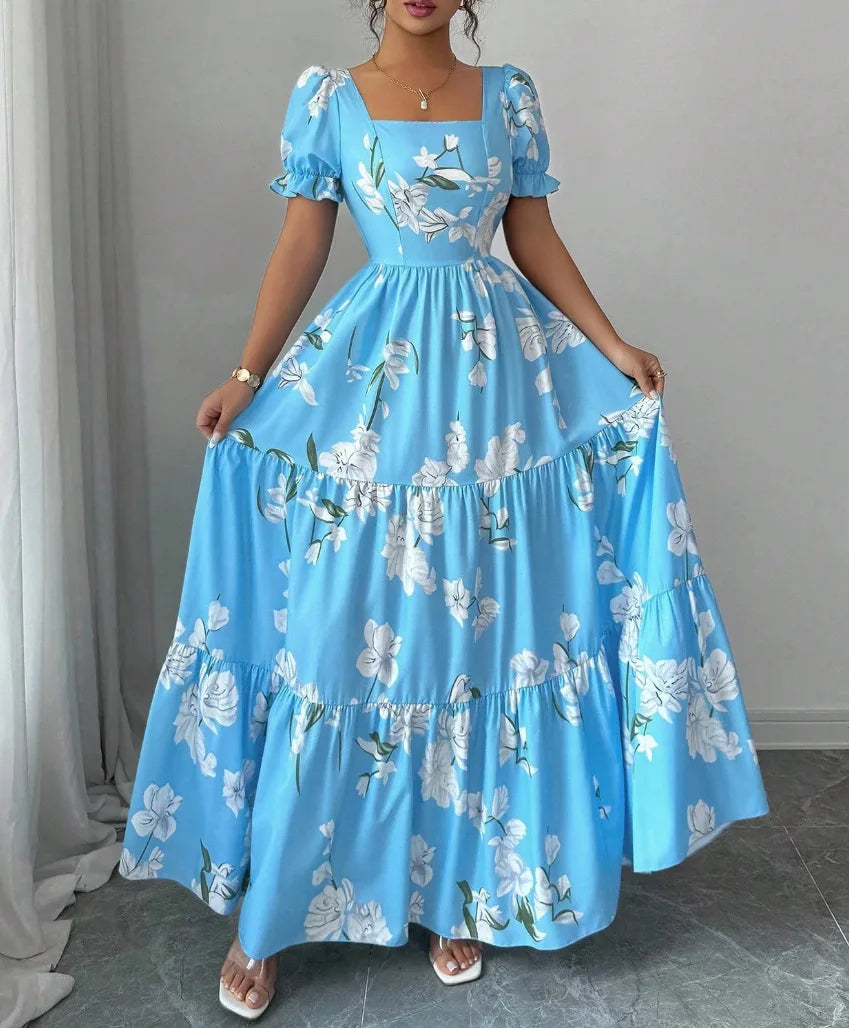 Summer Floral Print Maxi Dress, Elegant Square Neck Long Dress, Dating Wedding Party Gown