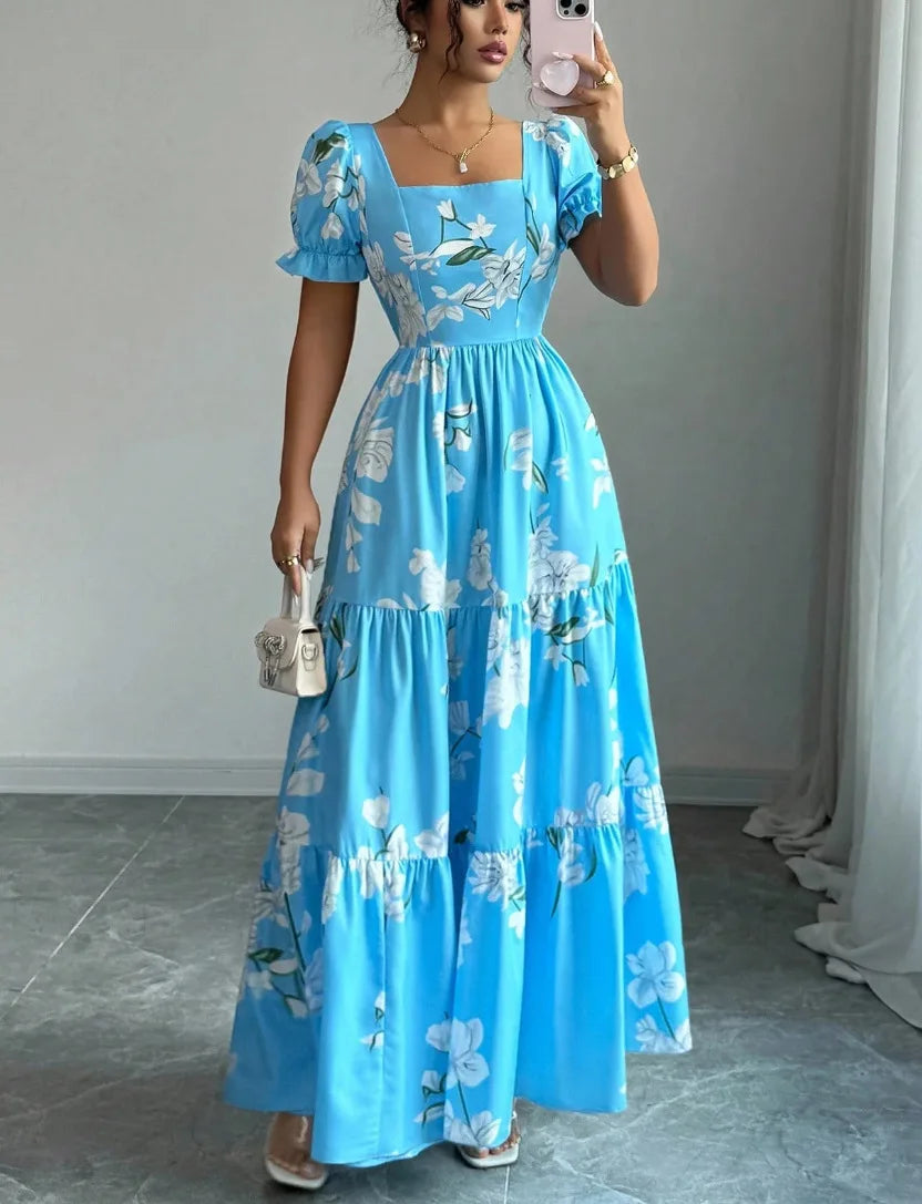 Summer Floral Print Maxi Dress, Elegant Square Neck Long Dress, Dating Wedding Party Gown