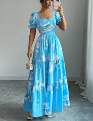 Summer Floral Print Maxi Dress, Elegant Square Neck Long Dress, Dating Wedding Party Gown