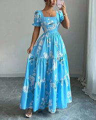 Summer Floral Print Maxi Dress, Elegant Square Neck Long Dress, Dating Wedding Party Gown