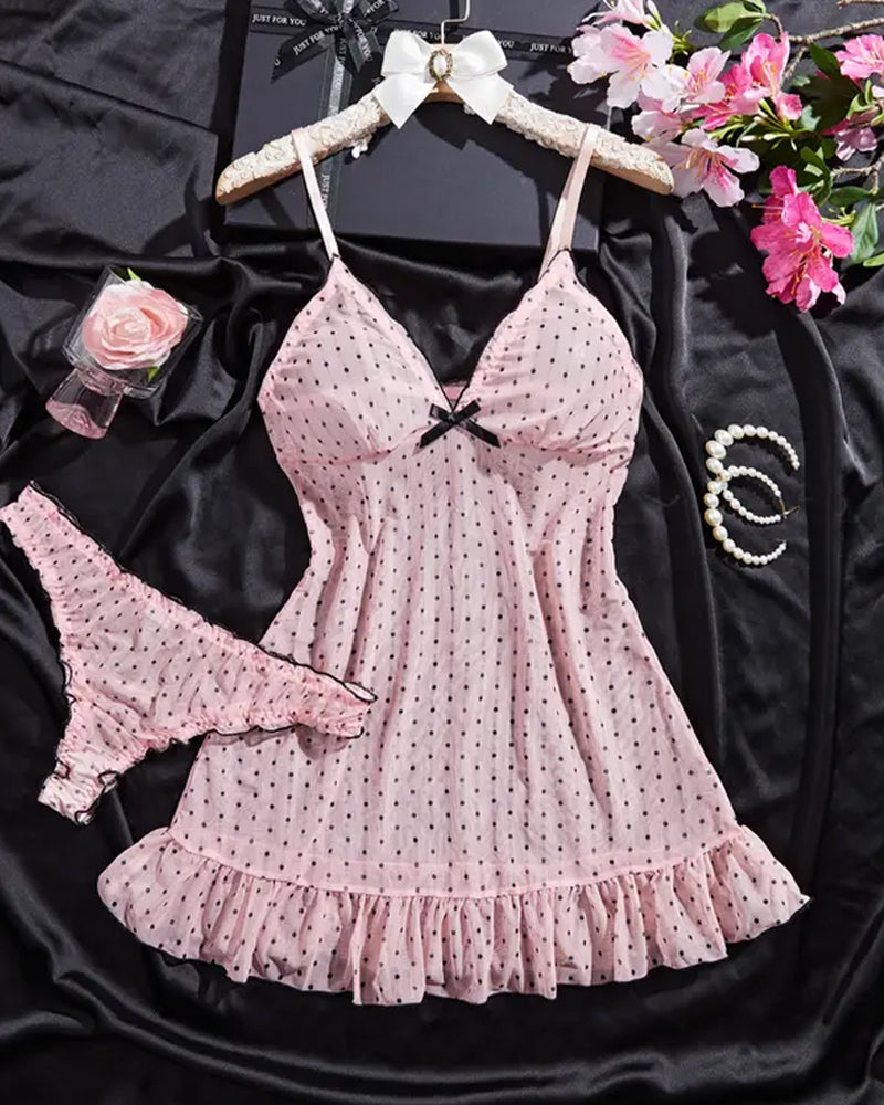 V-neck Polka Dot Print Semi-transparent Suspender Nightdress Set