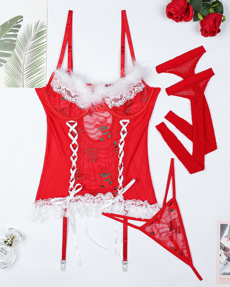 Christmas Lace Mesh Sheer Lingerie Set with Stockings