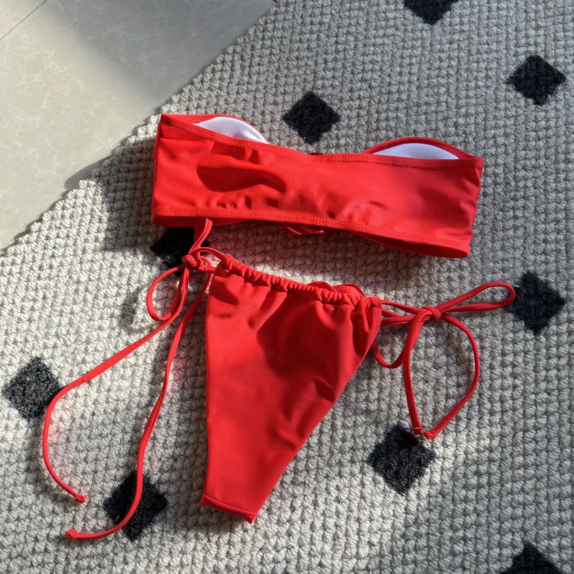 Adjustable Bikini Set with Rose Bust Top & Drawstring Ties Solid Color Swimwear Lace Up Red Thongs Bikini Sets