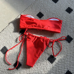 Adjustable Bikini Set with Rose Bust Top & Drawstring Ties Solid Color Swimwear Lace Up Red Thongs Bikini Sets