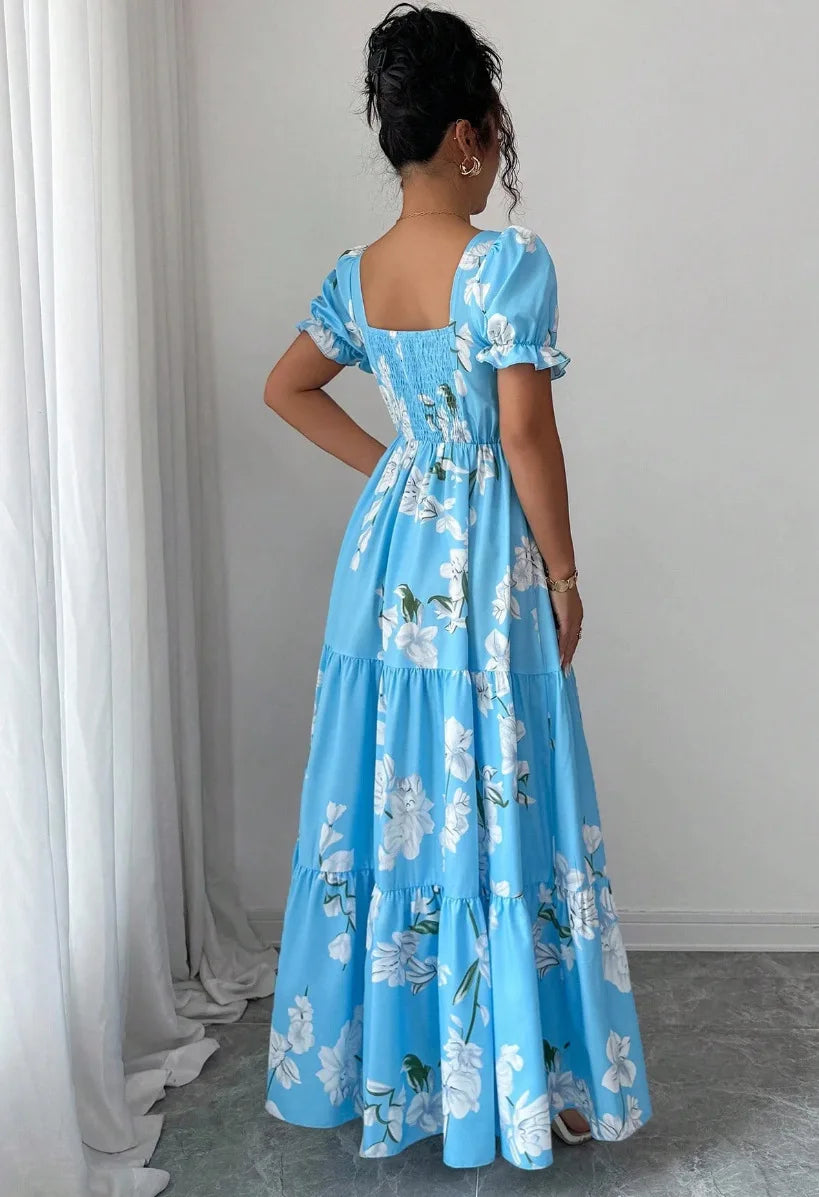 Summer Floral Print Maxi Dress, Elegant Square Neck Long Dress, Dating Wedding Party Gown