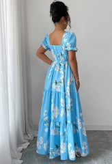 Summer Floral Print Maxi Dress, Elegant Square Neck Long Dress, Dating Wedding Party Gown