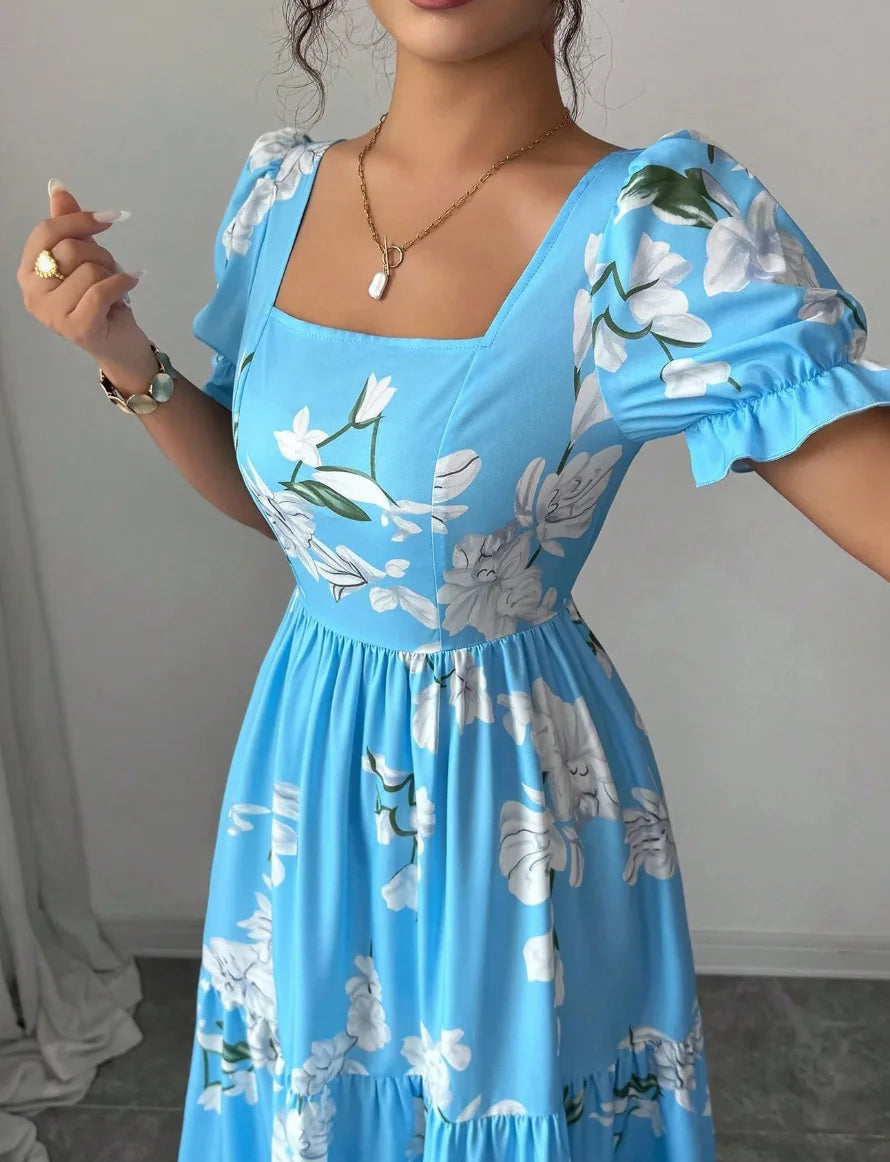 Summer Floral Print Maxi Dress, Elegant Square Neck Long Dress, Dating Wedding Party Gown