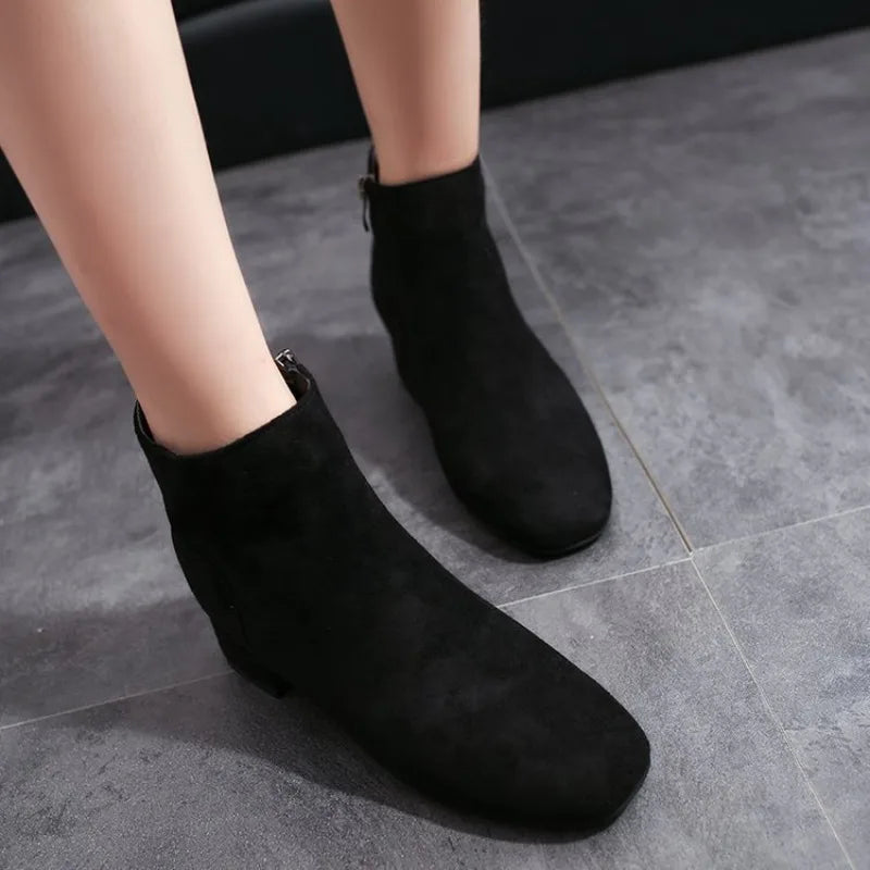 Low Barrel Mid Heel Side Zipper Solid Color Women Boots