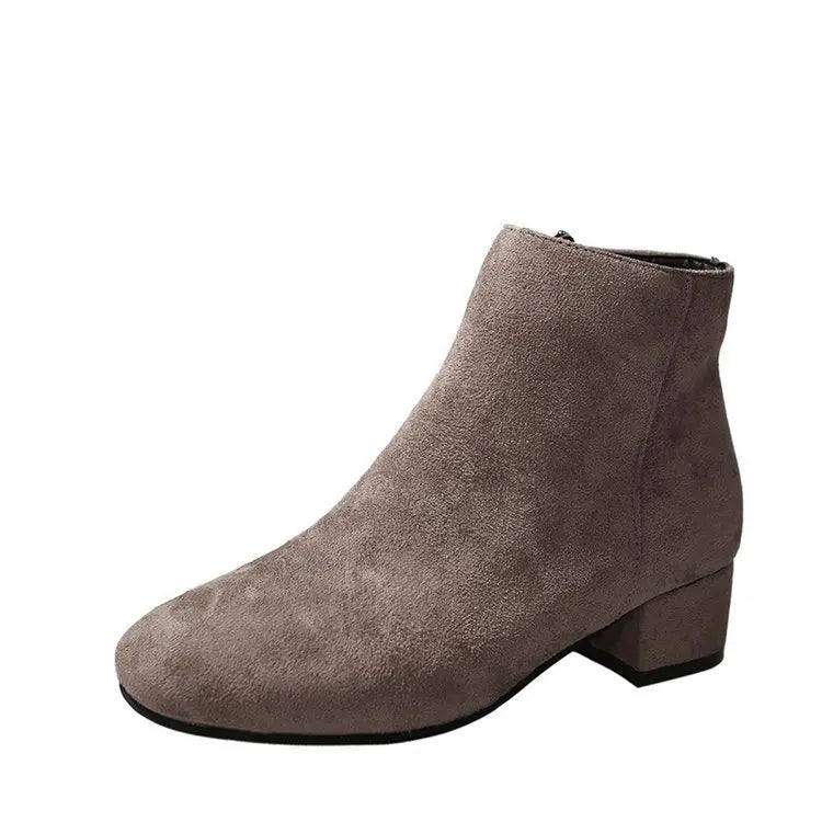 Low Barrel Mid Heel Side Zipper Solid Color Women Boots
