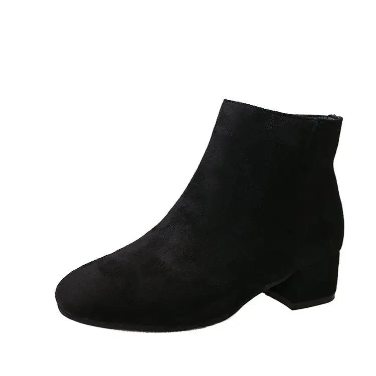 Low Barrel Mid Heel Side Zipper Solid Color Women Boots