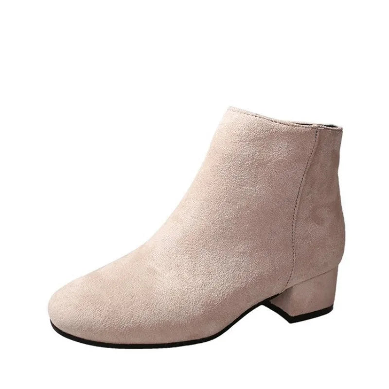 Low Barrel Mid Heel Side Zipper Solid Color Women Boots