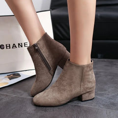 Low Barrel Mid Heel Side Zipper Solid Color Women Boots