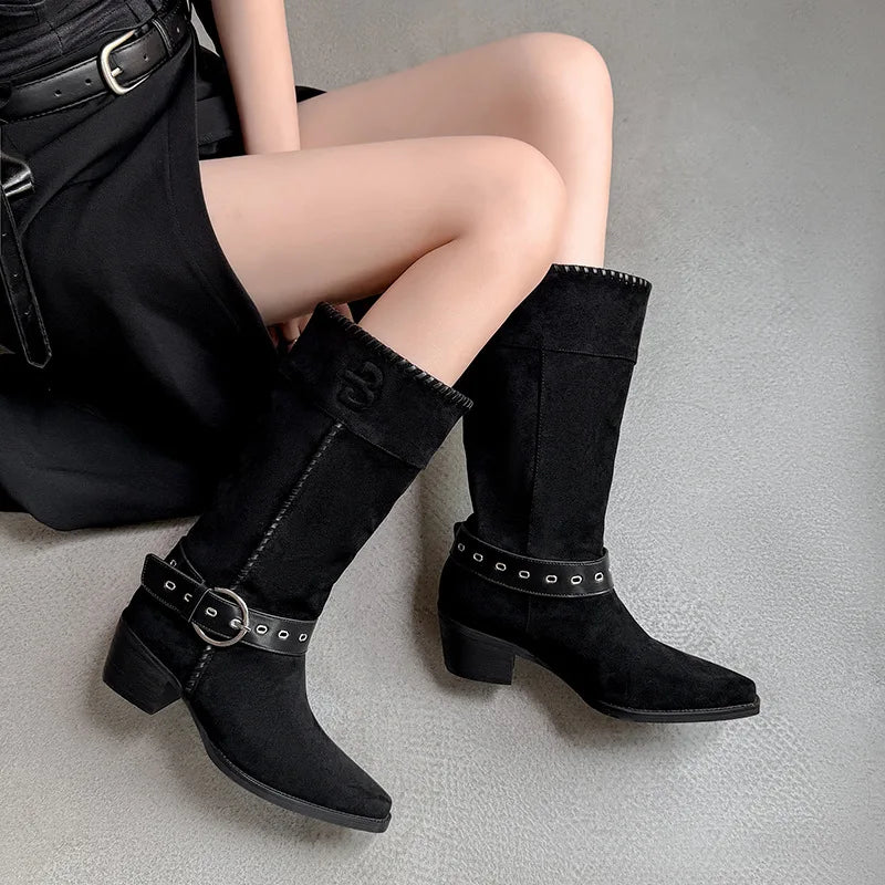 Autumn Belt buckle Suede Western Boots