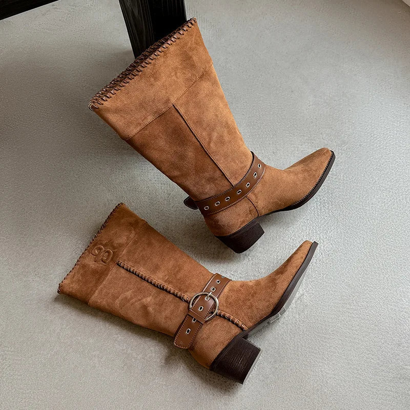 Autumn Belt buckle Suede Western Boots