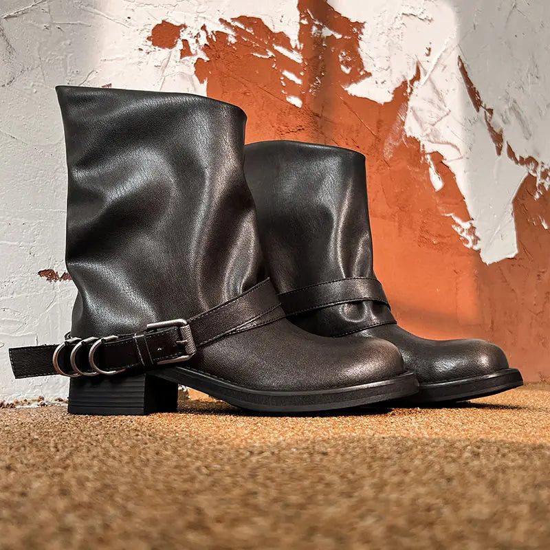 Autumn Belt buckle cowhide Riding Boots