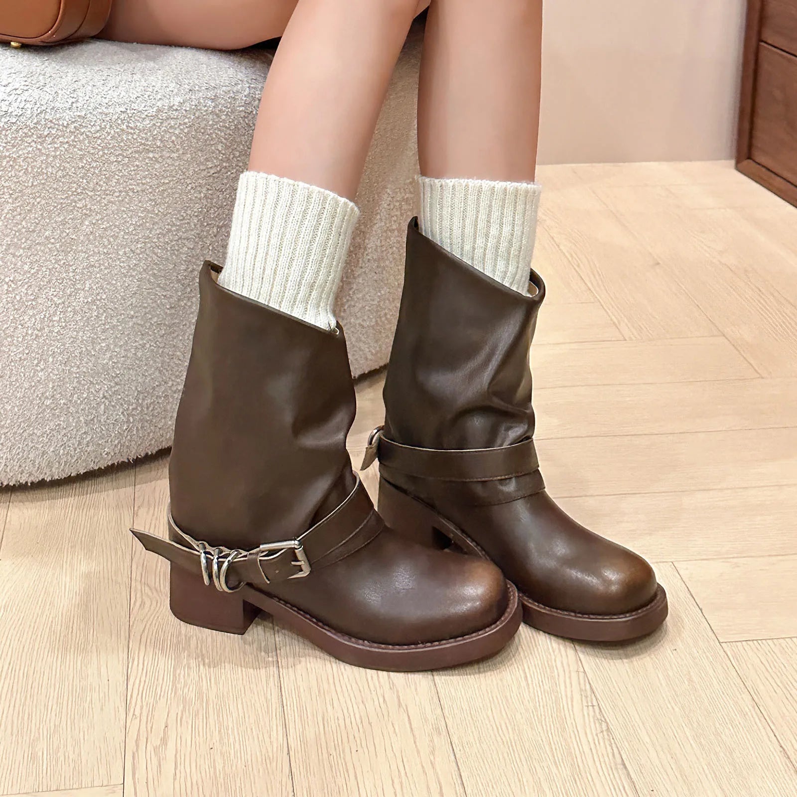 Autumn Belt buckle cowhide Riding Boots