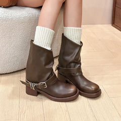 Autumn Belt buckle cowhide Riding Boots