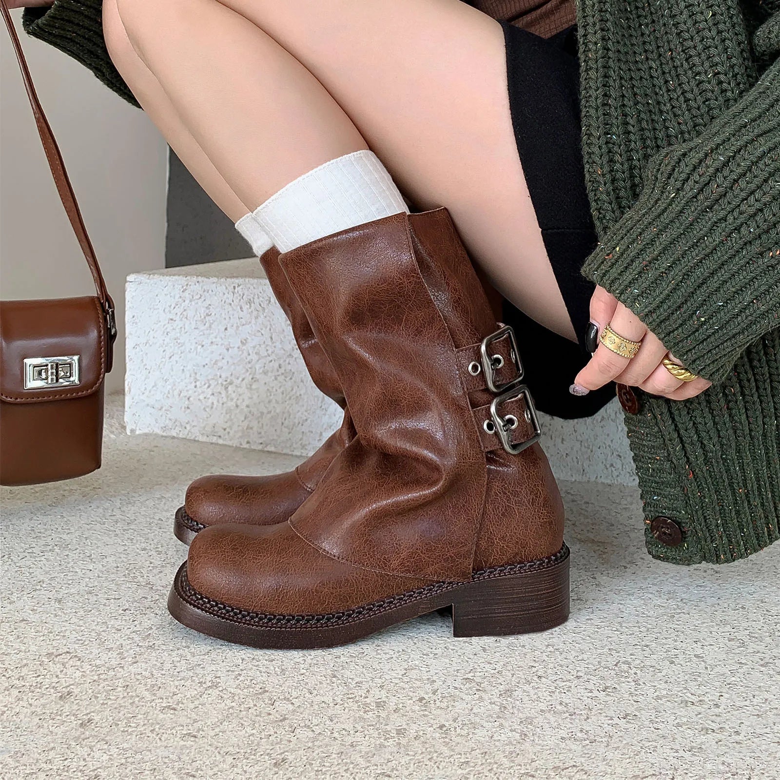 Autumn Belt buckle cowhide Trouser legs Boots