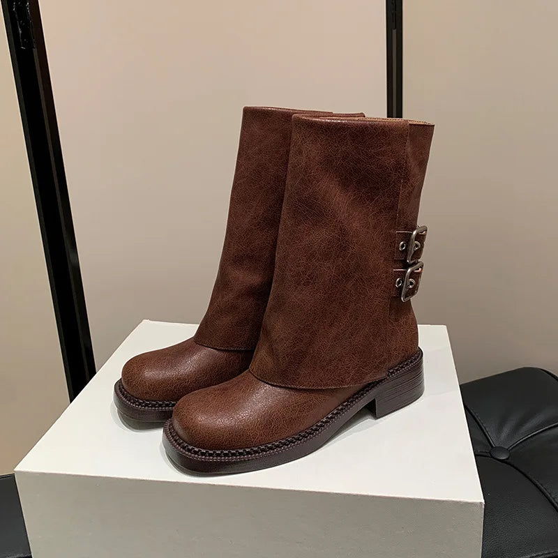 Autumn Belt buckle cowhide Trouser legs Boots