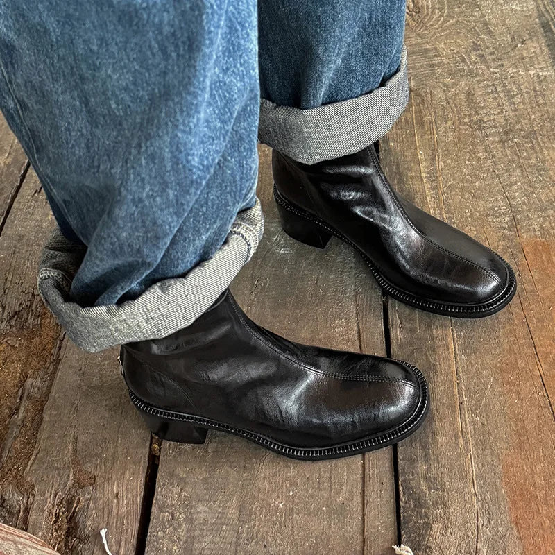 Autumn Black cowhide Short Boots