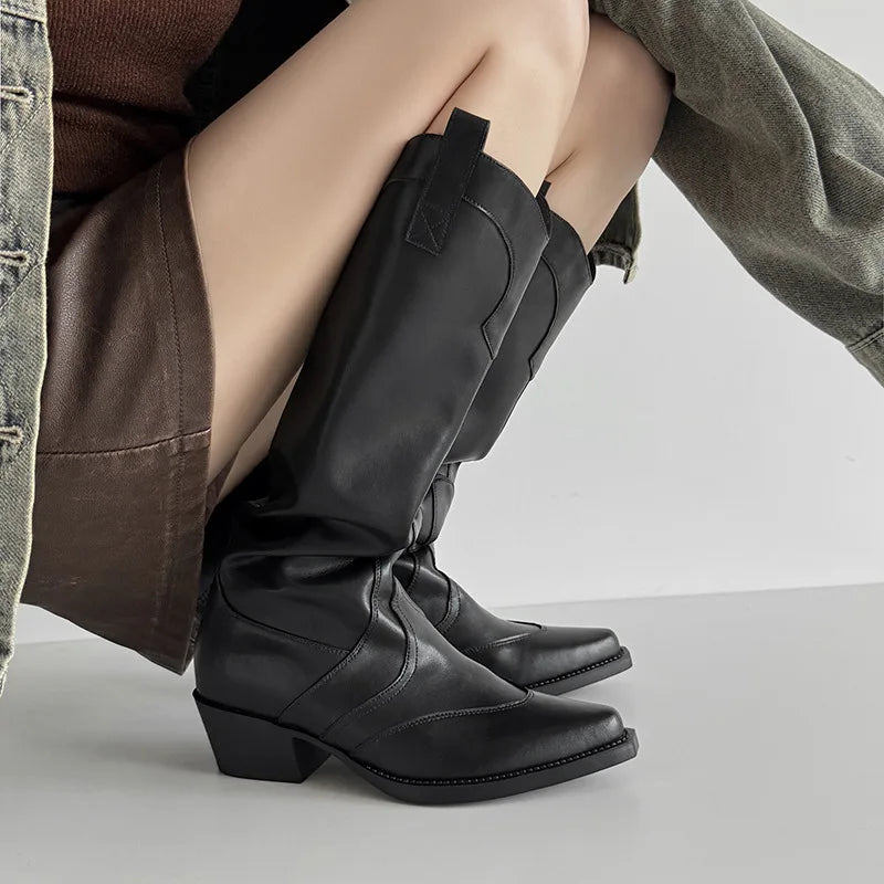 Autumn Cowhide embroidery Riding Boots