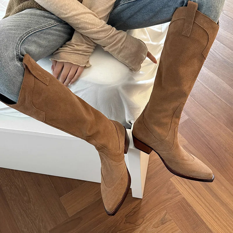 Autumn Cowhide embroidery Riding Boots