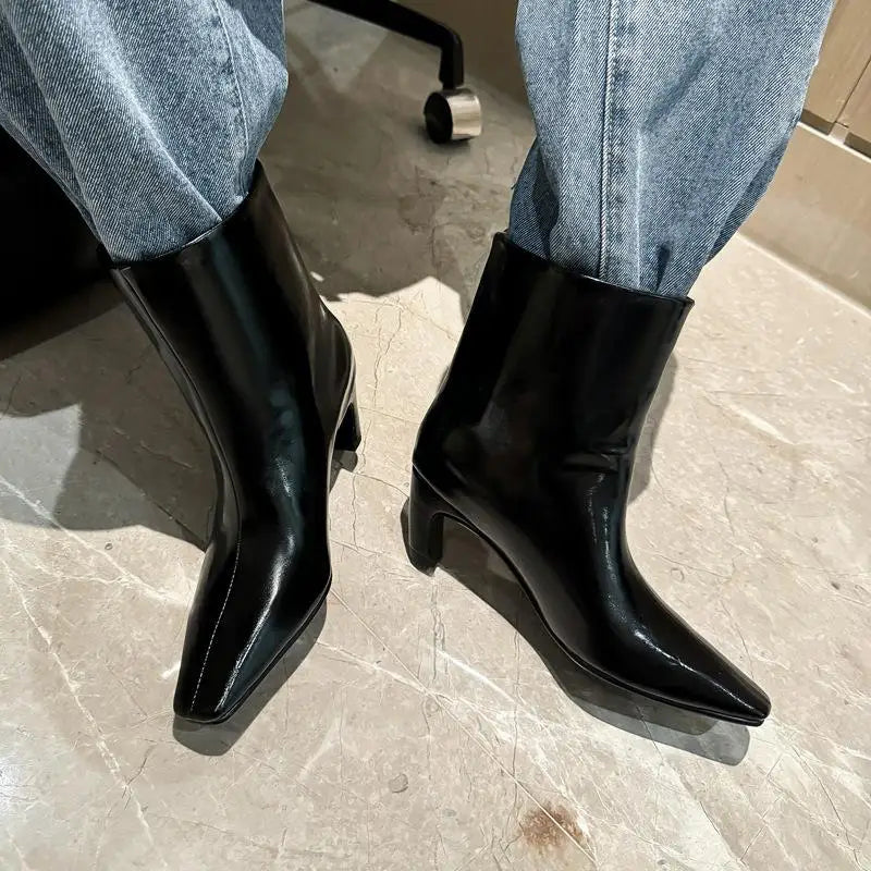 Autumn Red Cowhide Short Boots