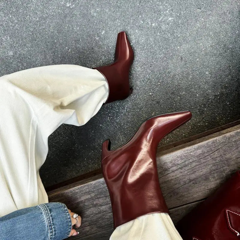 Autumn Red Cowhide Short Boots