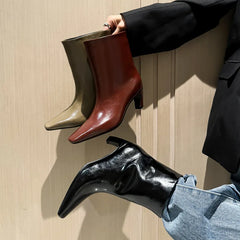 Autumn Red Cowhide Short Boots