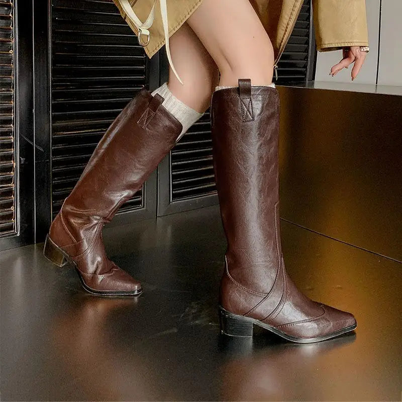 Autumn Retro Cowhide Western Boots