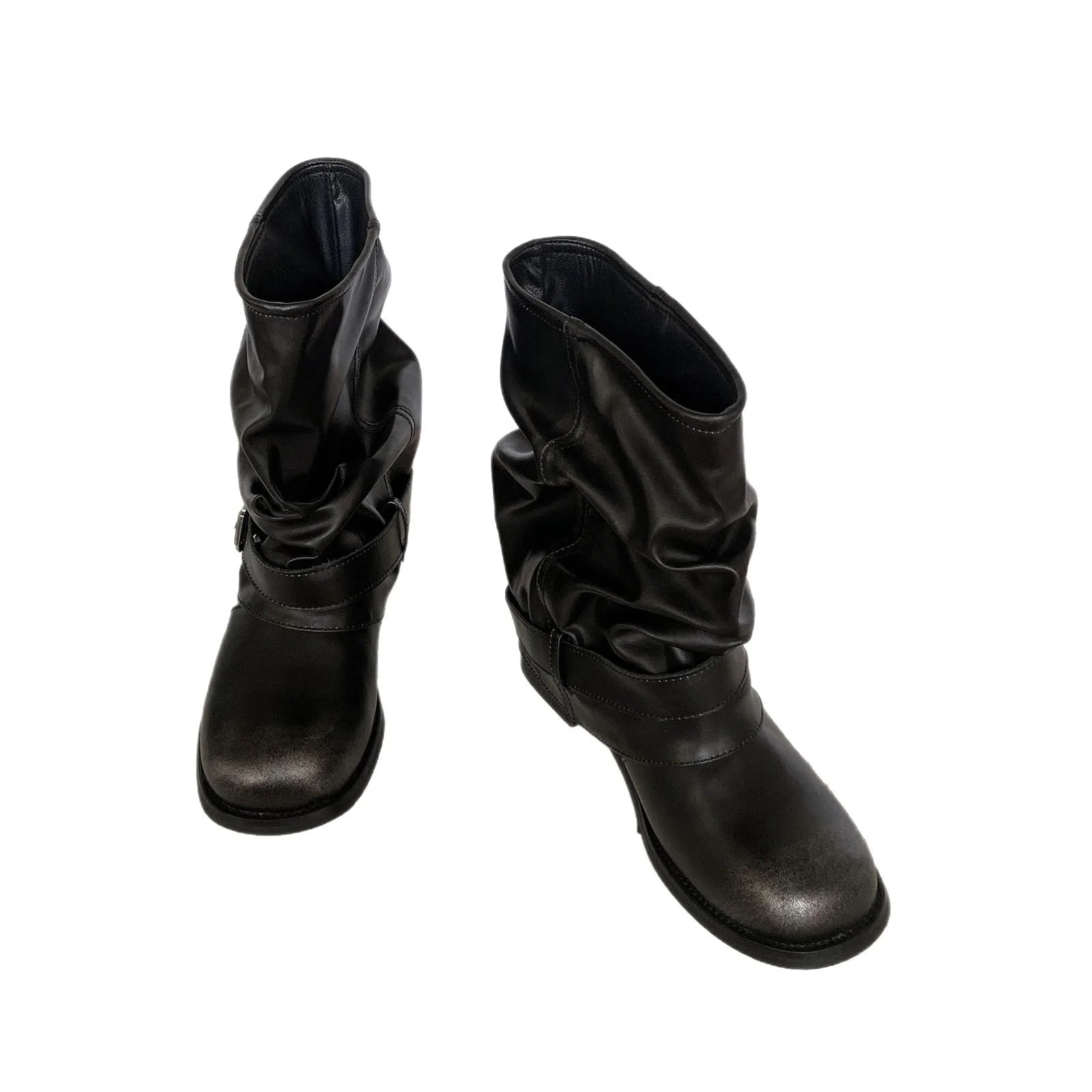 Autumn cowhide Belt buckle Pleated Short Boots