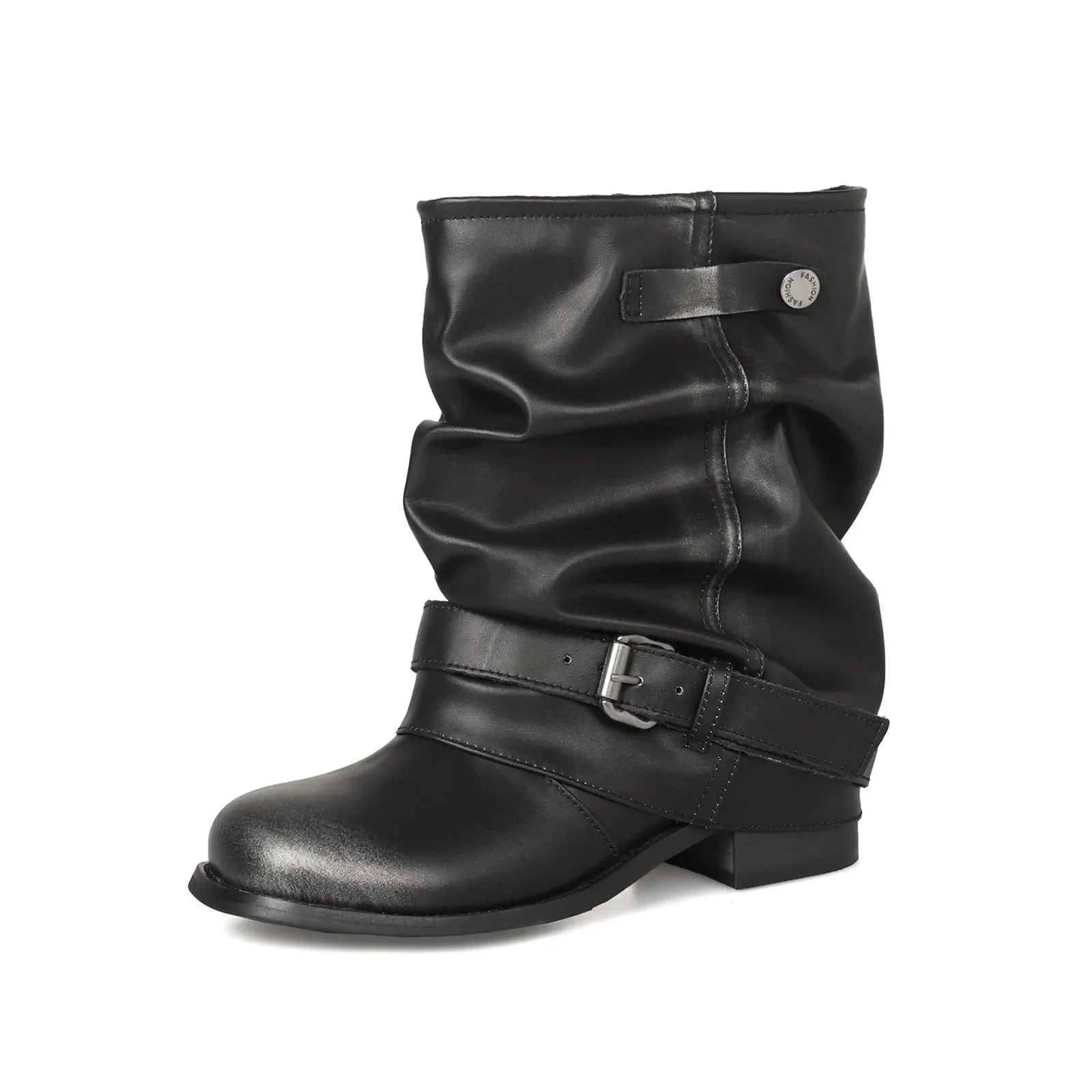 Autumn cowhide Belt buckle Pleated Short Boots