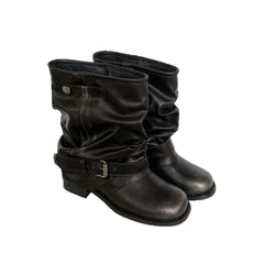 Autumn cowhide Belt buckle Pleated Short Boots