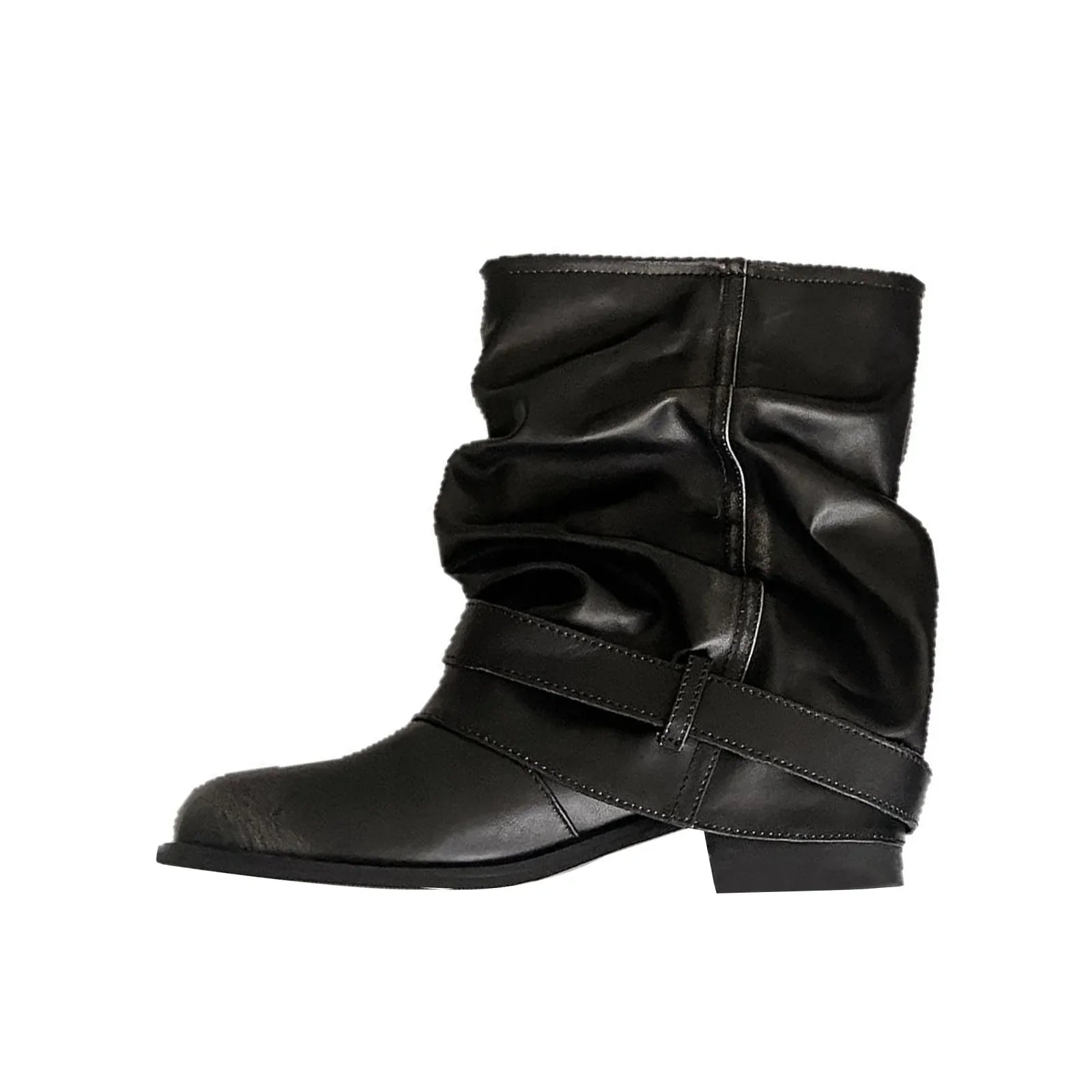 Autumn cowhide Belt buckle Pleated Short Boots