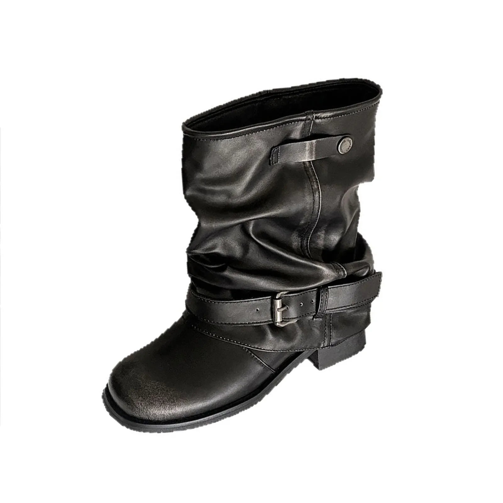 Autumn cowhide Belt buckle Pleated Short Boots