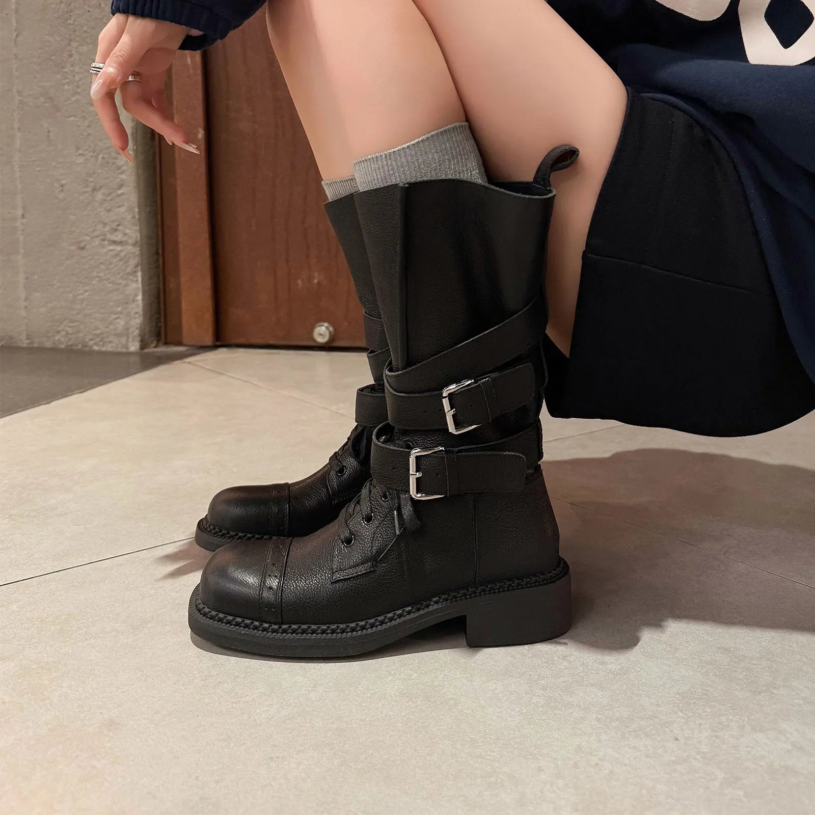 Autumn cowhide Motorcycle Boots